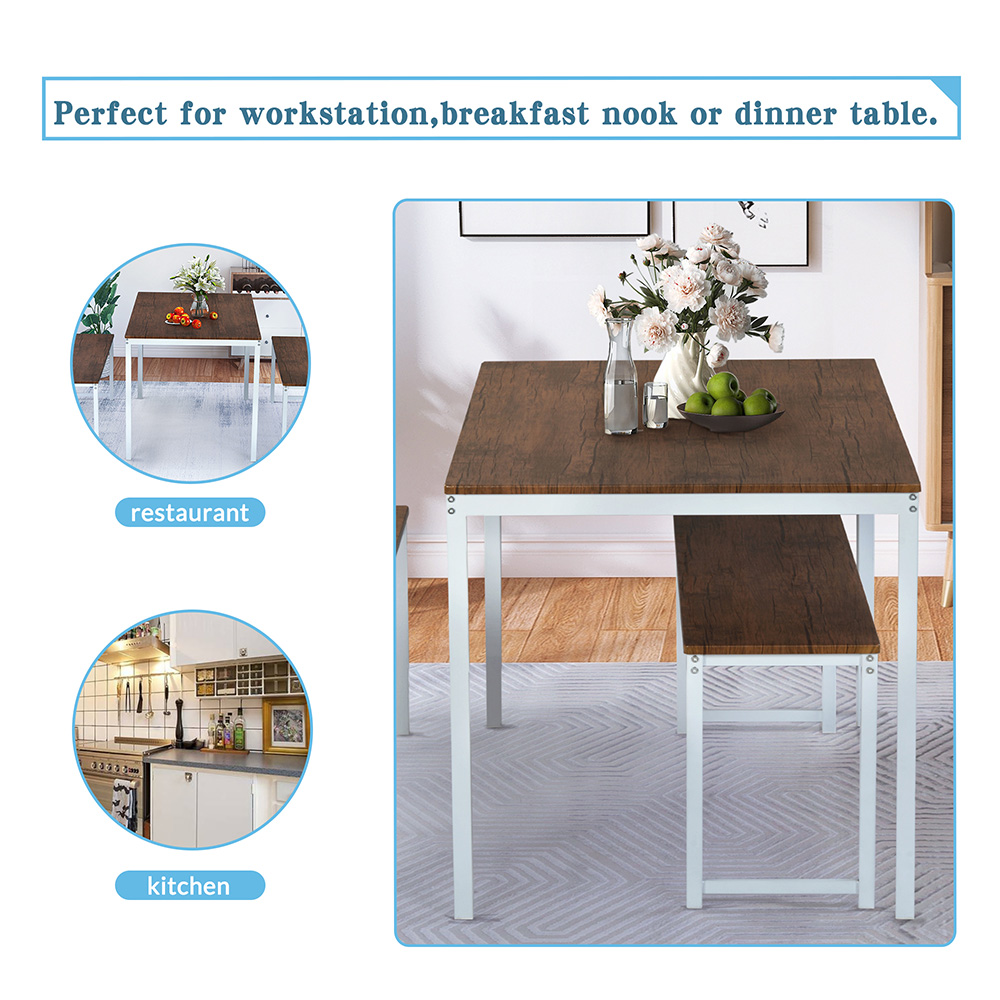 TOPMAX 3 Piece Bar Table Set with 2 Benches for Kitchen, Living Room, Bar, Restaurant - Brown + White