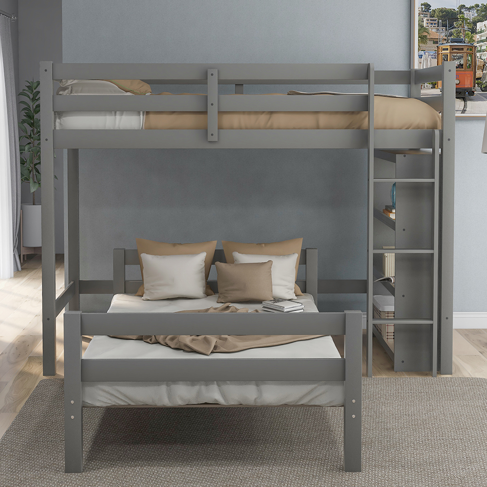 Twin-Over-Twin Size Wooden Bunk Bed Frame with 3-layer Shelf, for Families with Multiple Children - Gray