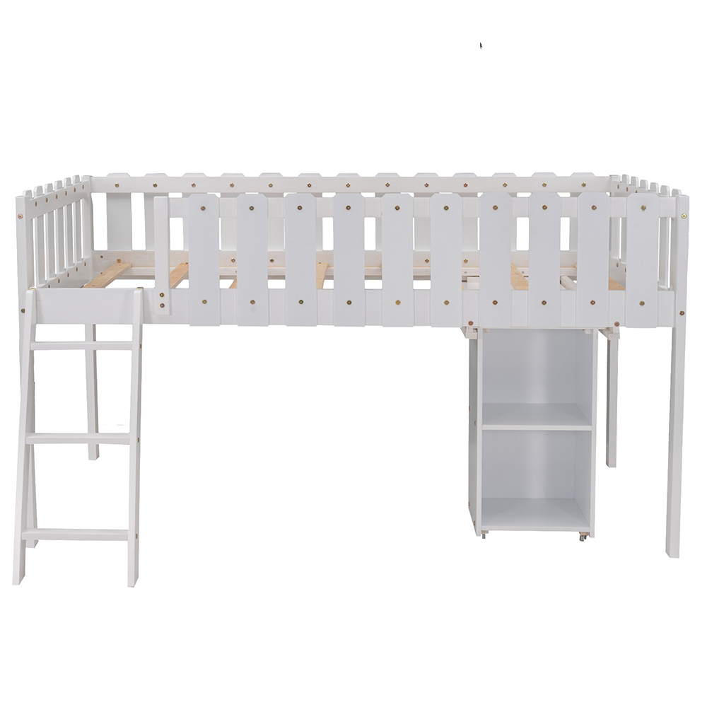 Twin Size Wooden Loft Bed Frame with Desk and Storage Cabinet for Children - White