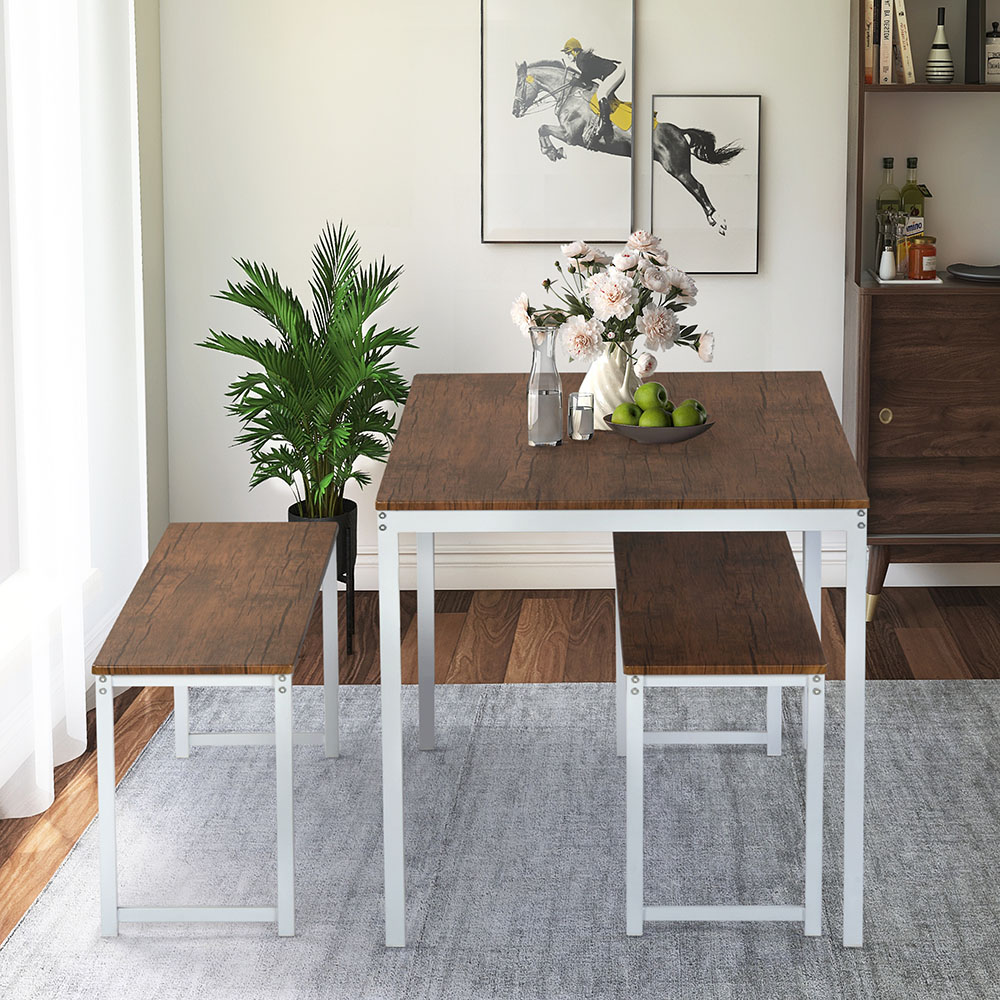 TOPMAX 3 Piece Bar Table Set with 2 Benches for Kitchen, Living Room, Bar, Restaurant - Brown + White