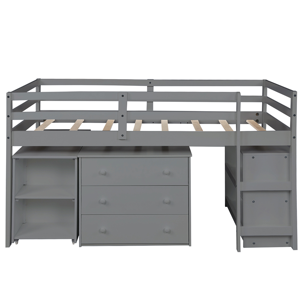 Twin Size Wooden Elevated Bed Frame with Storage Cabinet, Bookshelf, Portable Desk for Small Rooms - Gray