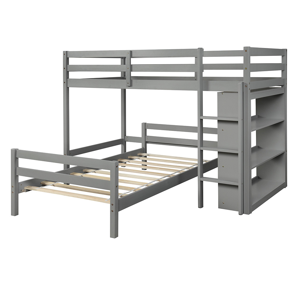 Twin-Over-Twin Size Wooden Bunk Bed Frame with 3-layer Shelf, for Families with Multiple Children - Gray