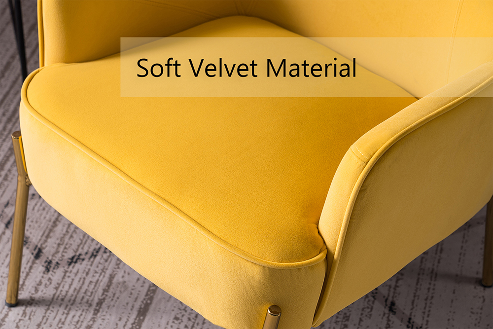 Velvet Upholstered Armchair with Ergonomic Curved Backrest and Height-adjustable Metal Legs for Living Room, Dining Room, Bedroom, Office - Yellow