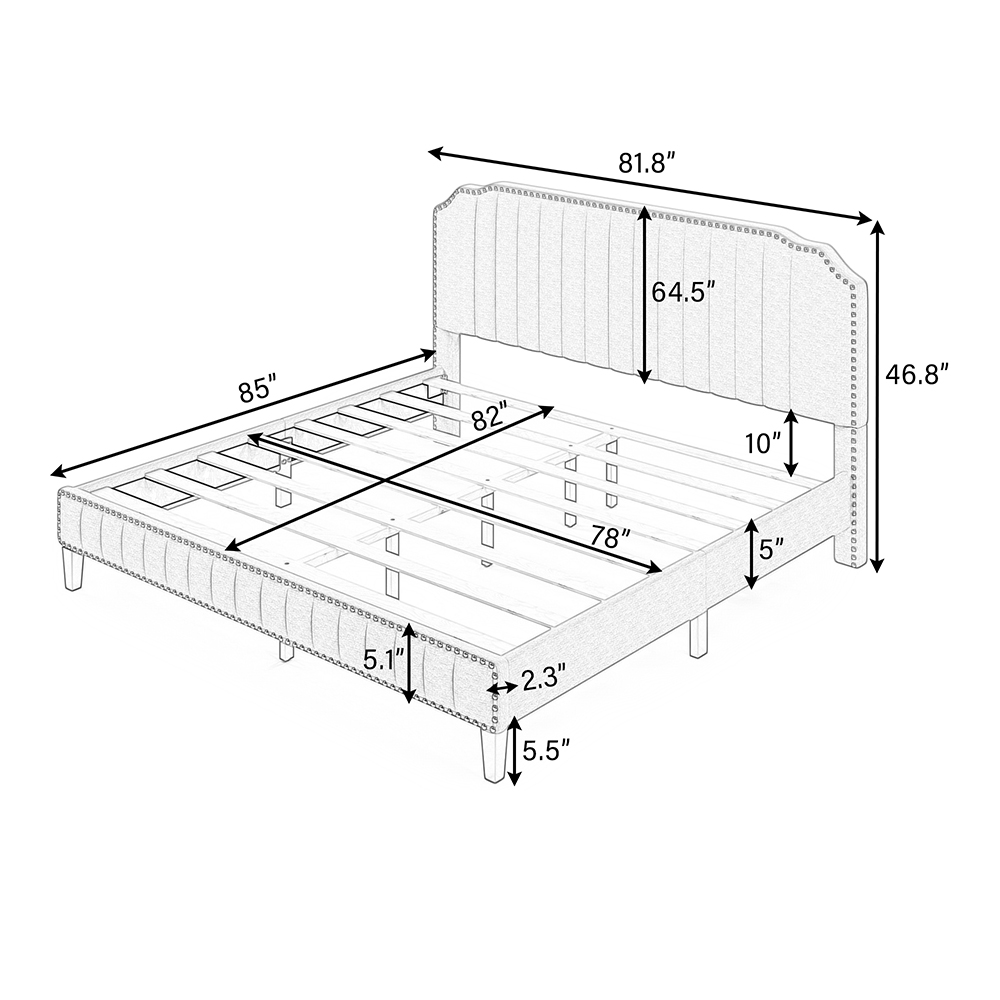 King Size Solid Wooden Upholstered Bed Frame with Linen Headboard and Nailhead Trim - Cream