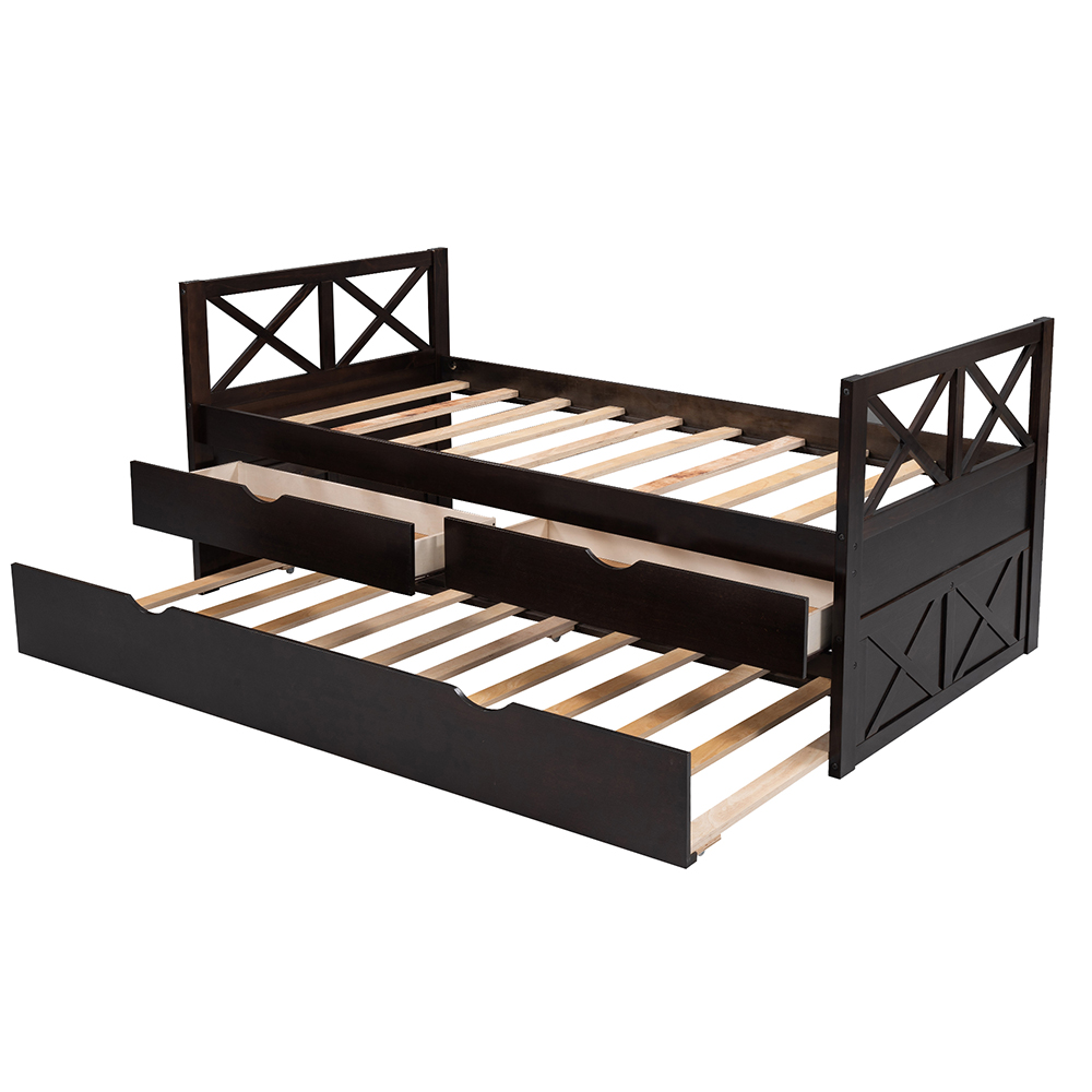 Twin Size Wooden Bed Frame with Storage Drawers and Trundle Bed Suitable for Family with Multiple Children - Espresso
