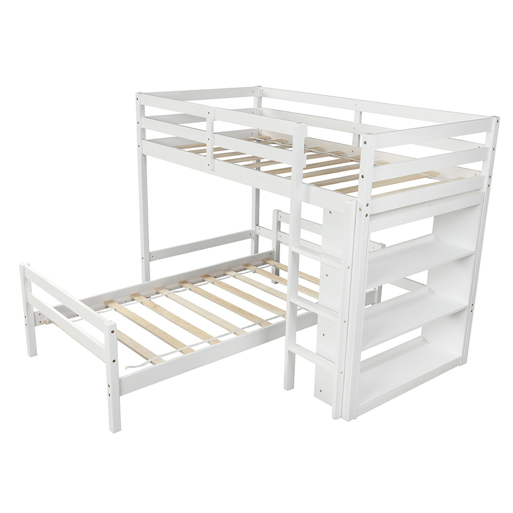 Twin-Over-Twin Size Wooden Bunk Bed Frame with 3-layer Shelf, for Families with Multiple Children - White