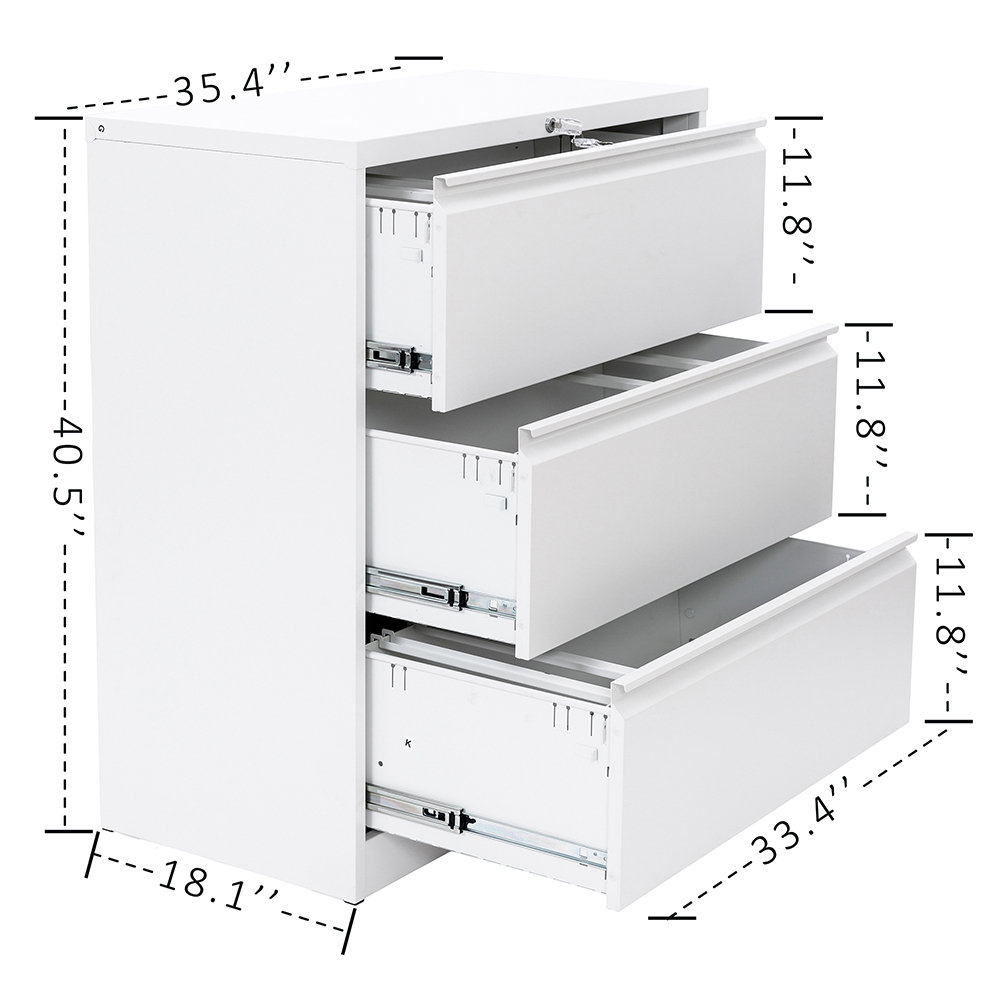 Home Office Metal Lateral File Cabinet with Lock and 3 Drawers - White