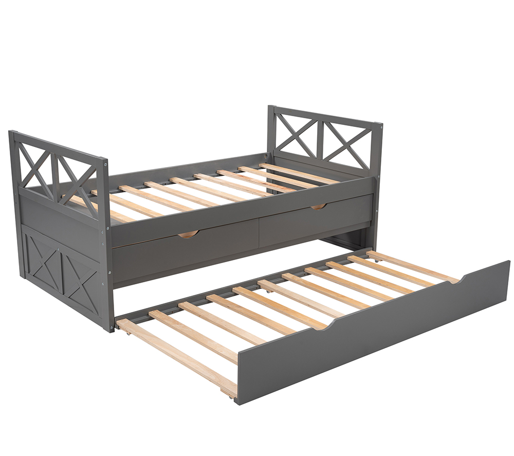 Twin Size Wooden Bed Frame with Storage Drawers and Trundle Bed Suitable for Family with Multiple Children - Gray