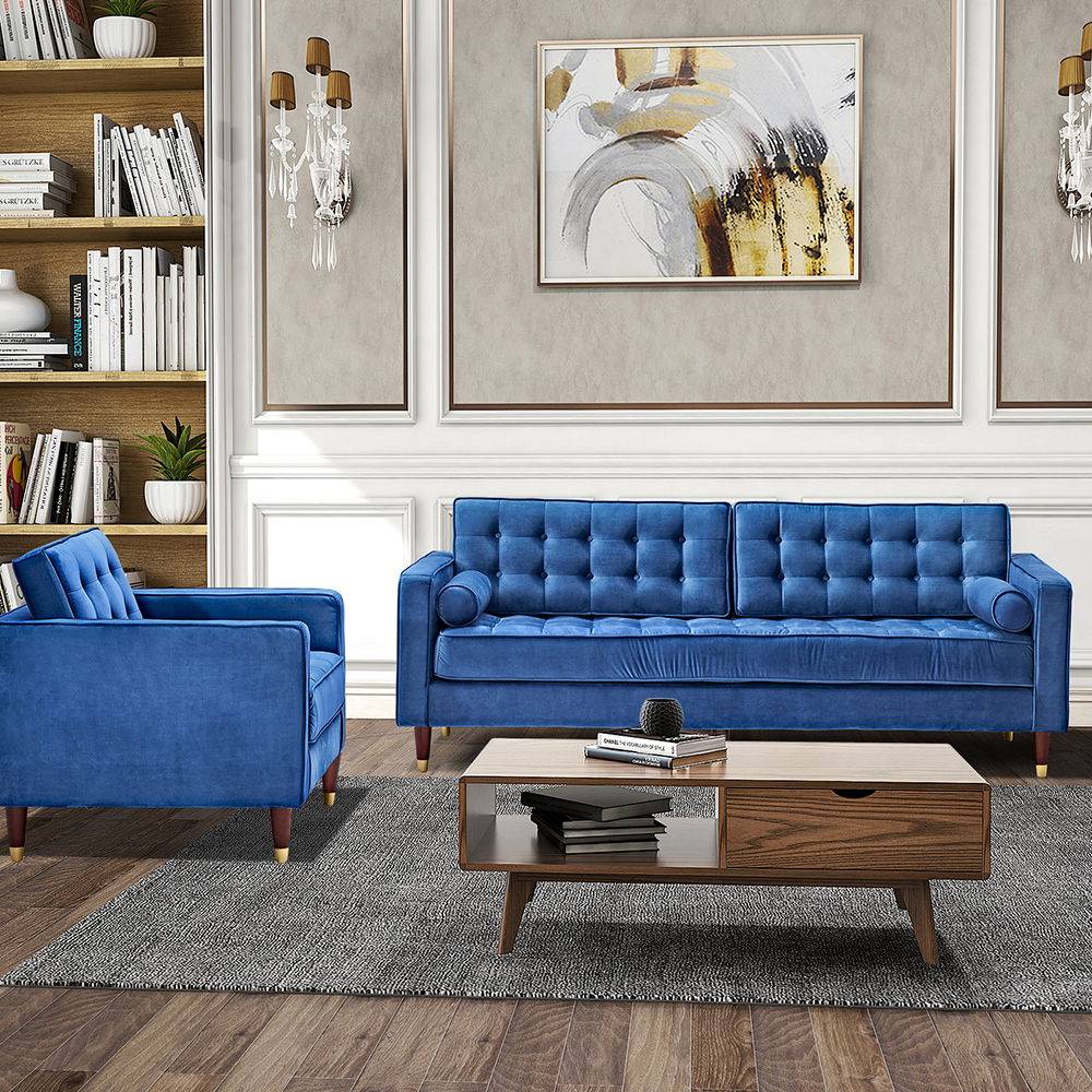 81" Dual Person Velvet Sofa Oak Wooden Legs, for Living Room, Apartment, Studio, Office - Blue