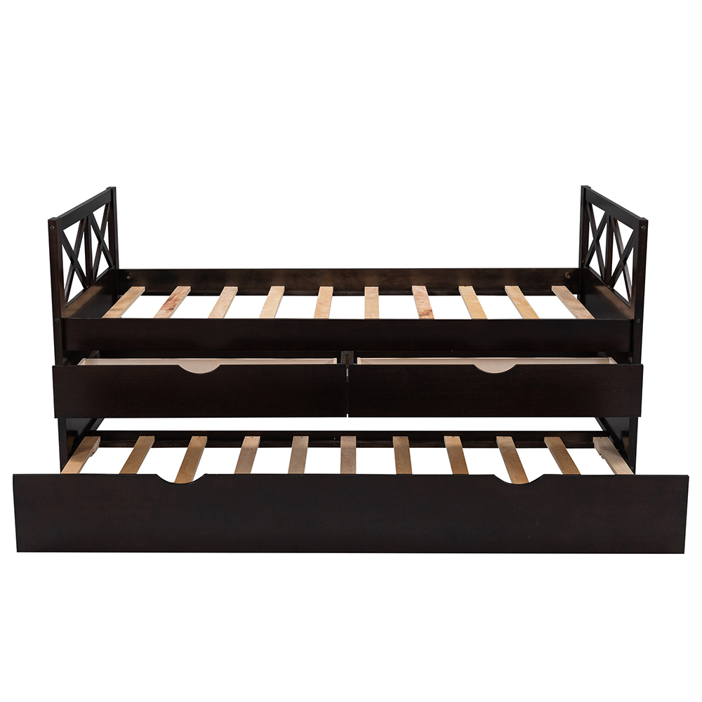 Twin Size Wooden Bed Frame with Storage Drawers and Trundle Bed Suitable for Family with Multiple Children - Espresso