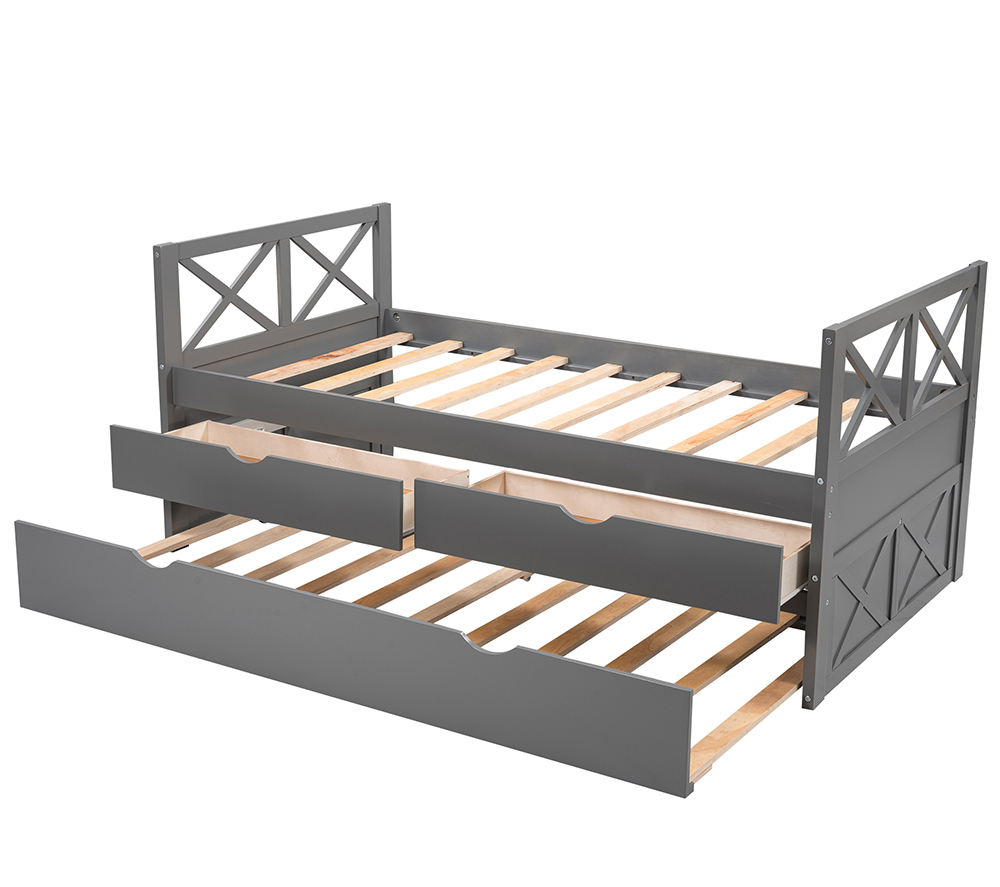 Twin Size Wooden Bed Frame with Storage Drawers and Trundle Bed Suitable for Family with Multiple Children - Gray