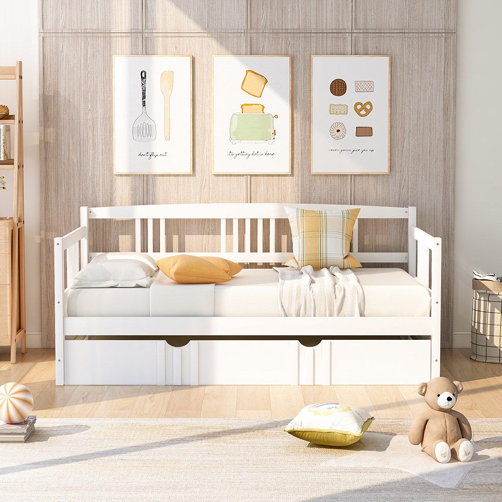 Twin Size Multifunctional Pine Sofa Bed with Hidden Casters Bed - White
