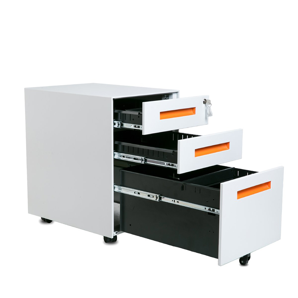 Home Office Steel Removable File Cabinet with 3 Drawers and Casters - White + Orange