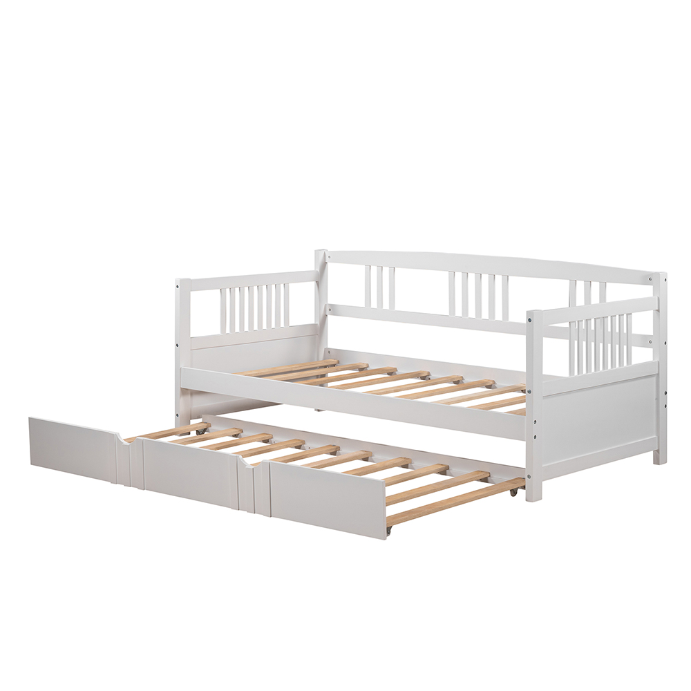 Twin Size Multifunctional Pine Sofa Bed with Hidden Casters Bed - White