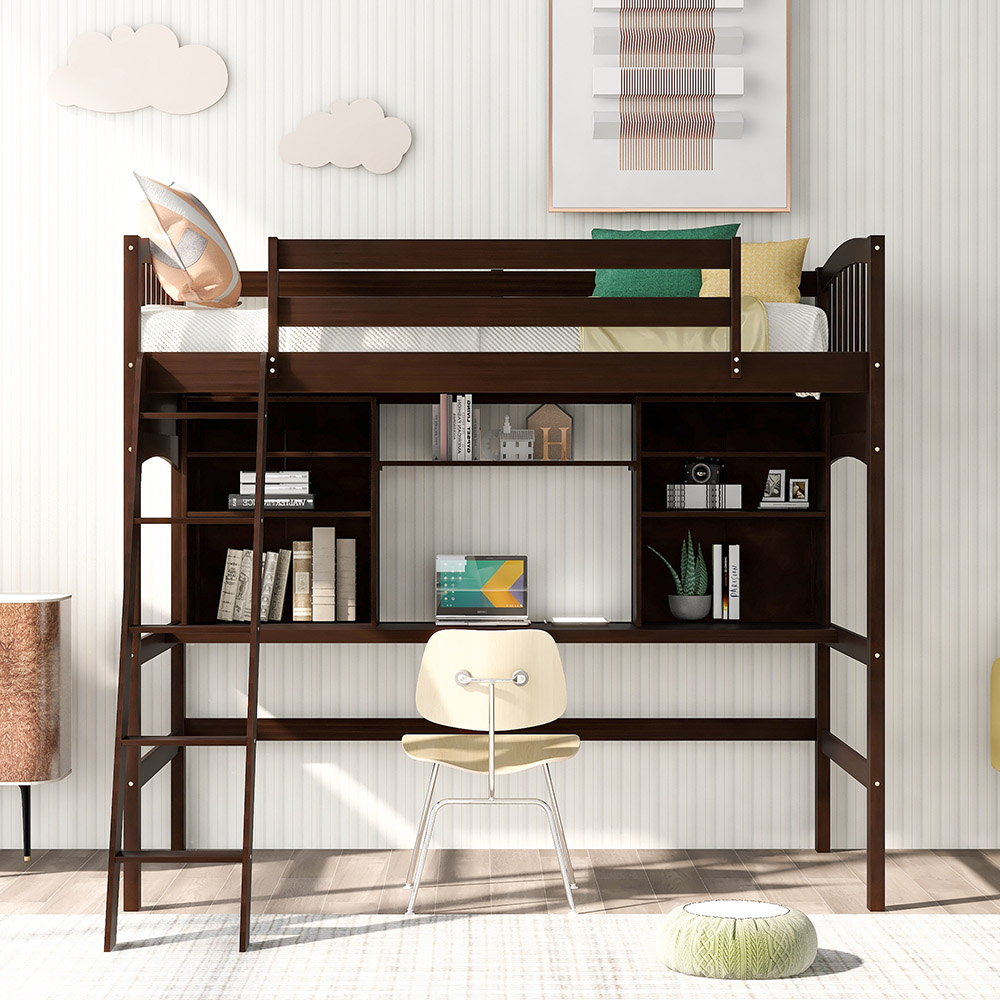 Twin Size Wooden Loft Bed Frame With Desk, Bookshelf, Ladder, and Guardrail for Small Rooms - Espresso