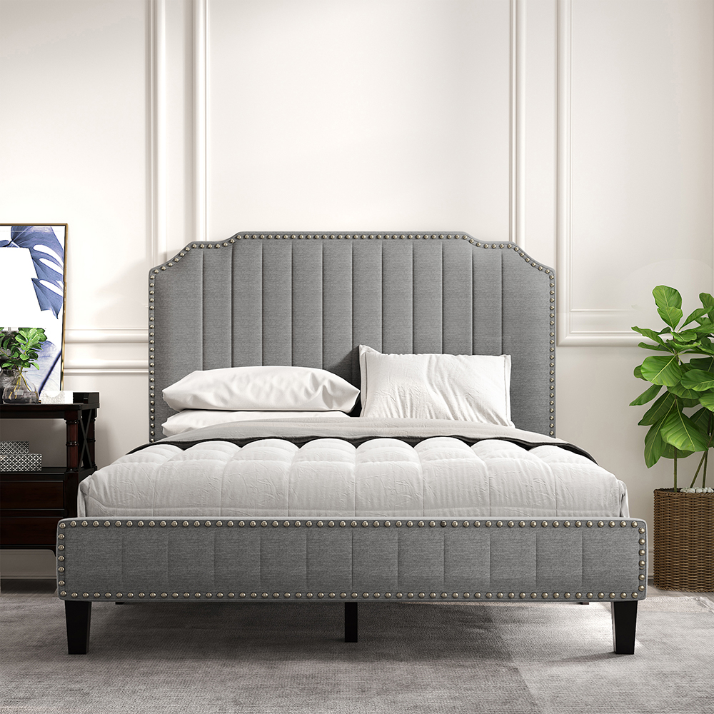 Full Size Solid Wooden Upholstered Bed Frame with Linen Headboard and Nailhead Trim - Gray