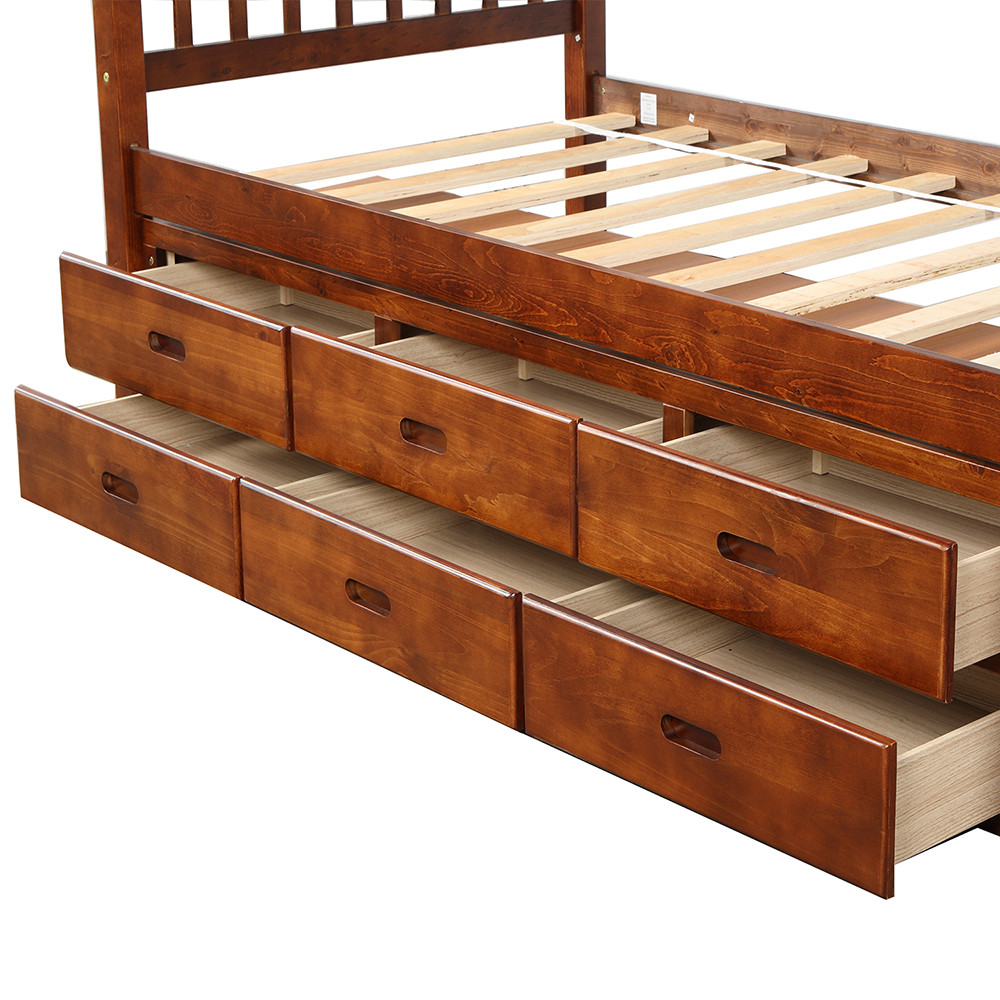 Orisfur Twin Size Wooden Bed Frame with 6 Storage Drawers - Walnut