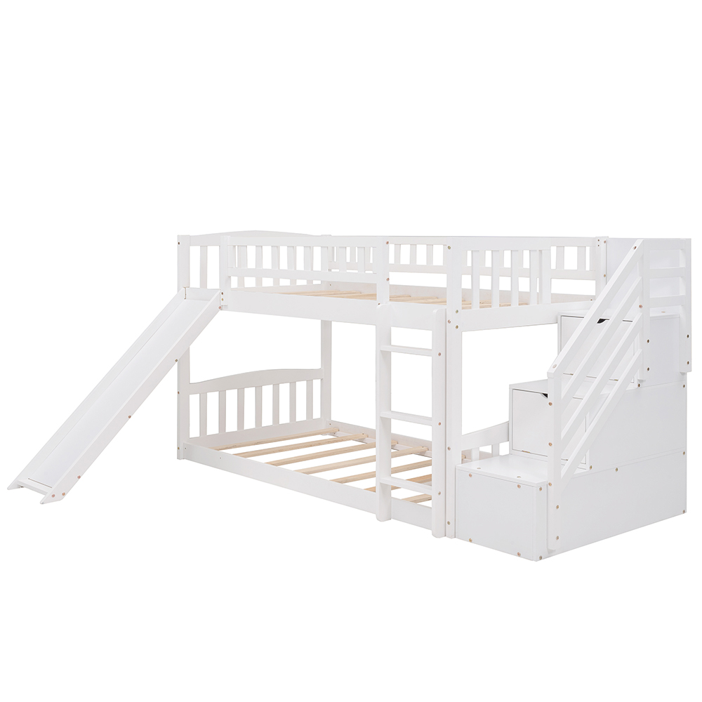Twin-Over-Twin Size Wooden Bunk Bed Frame with Ladder, Storage Stairs, and Slide Suitable for Families with Multiple Children - White