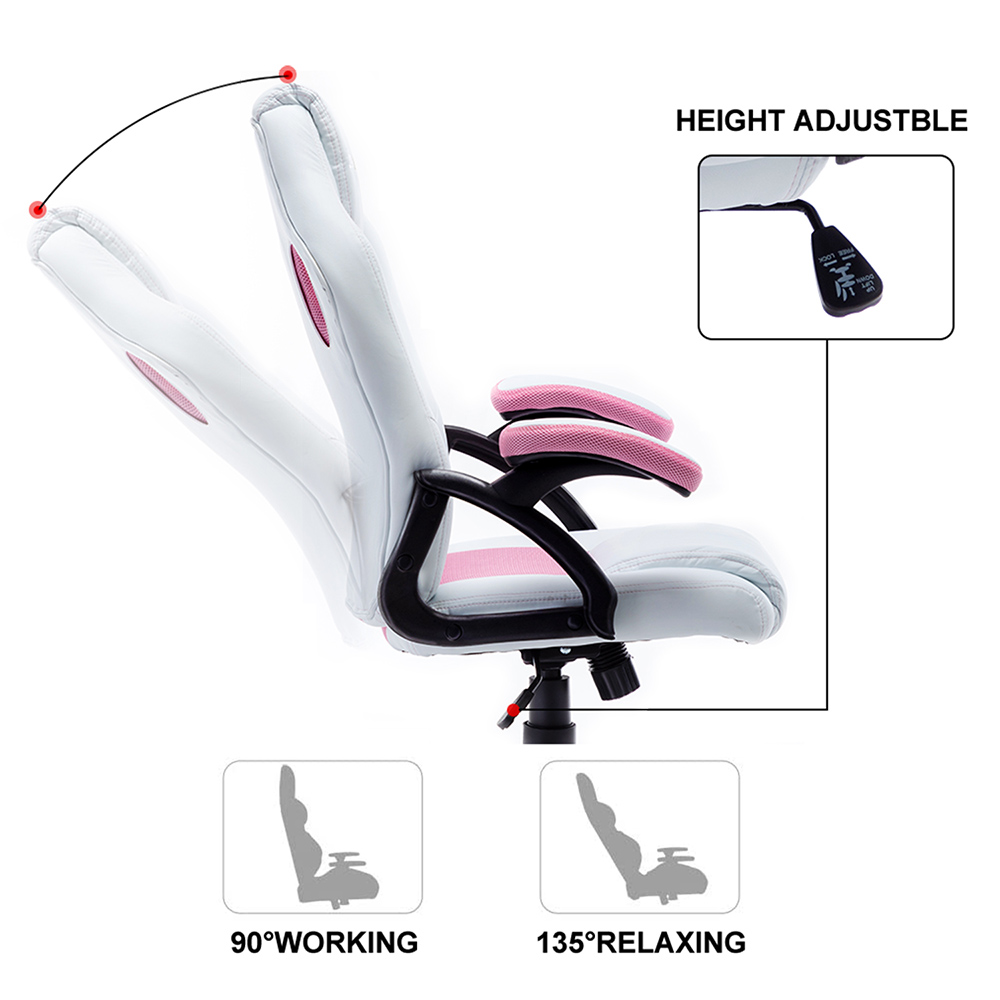 Art Life Home Office PU Leather Rotatable Gaming Chair Height Adjustable with Ergonomic Backrest and Casters - Pink + White