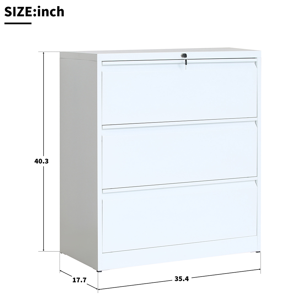 Home Office Steel Lateral File Cabinet with 3 Drawers and Lock - White