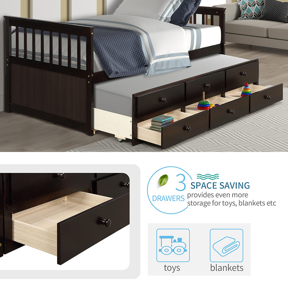TOPMAX Captain's Twin Size Bed Frame with Trundle Bed and Storage Drawers, for Boys, Girls and Small Rooms - Espresso