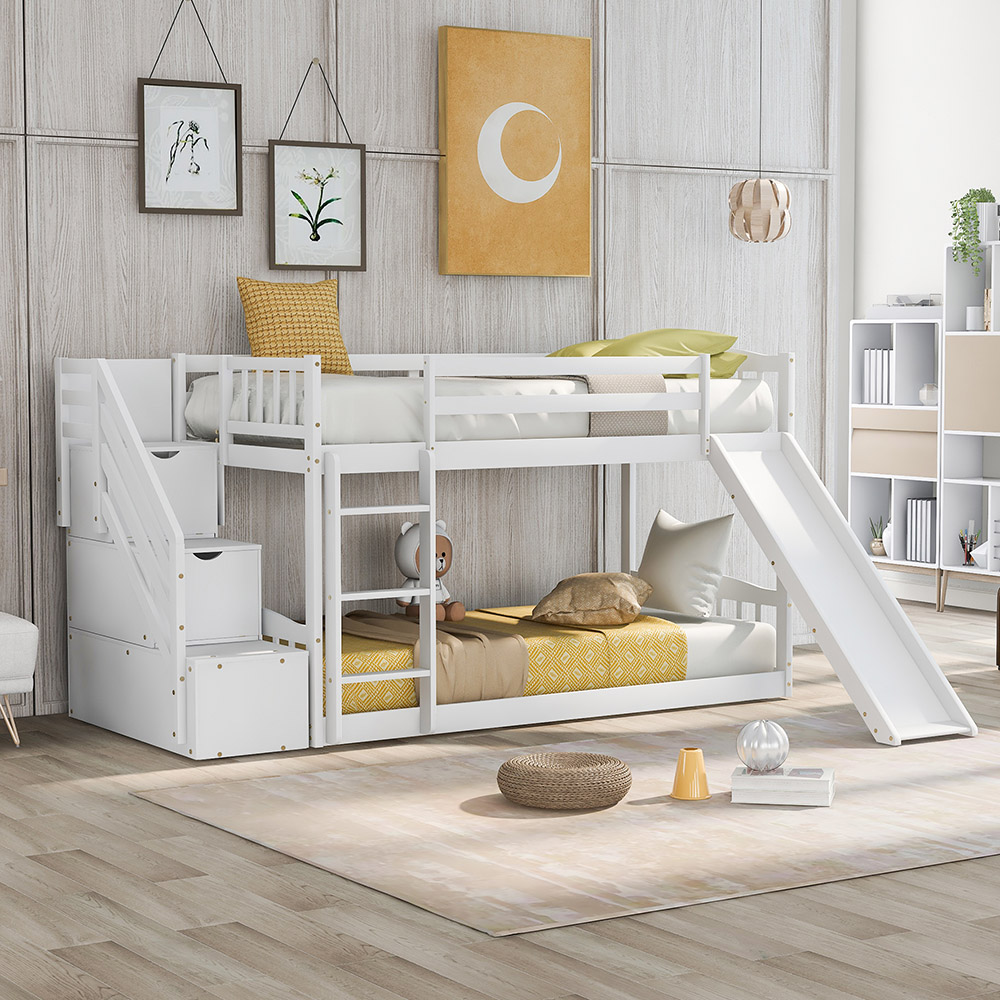 Twin-Over-Twin Size Wooden Bunk Bed Frame with Ladder, Storage Stairs, and Slide Suitable for Families with Multiple Children - White