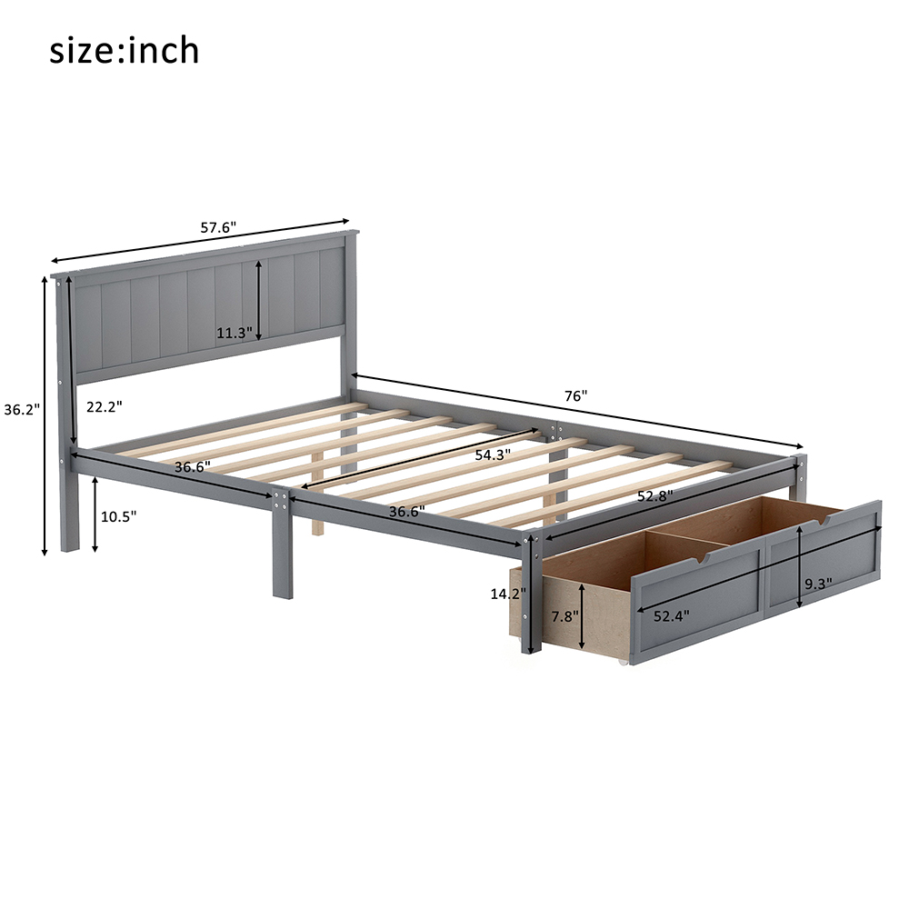 Full Size Wooden Bed Frame with Under-bed Storage Drawer - Gray