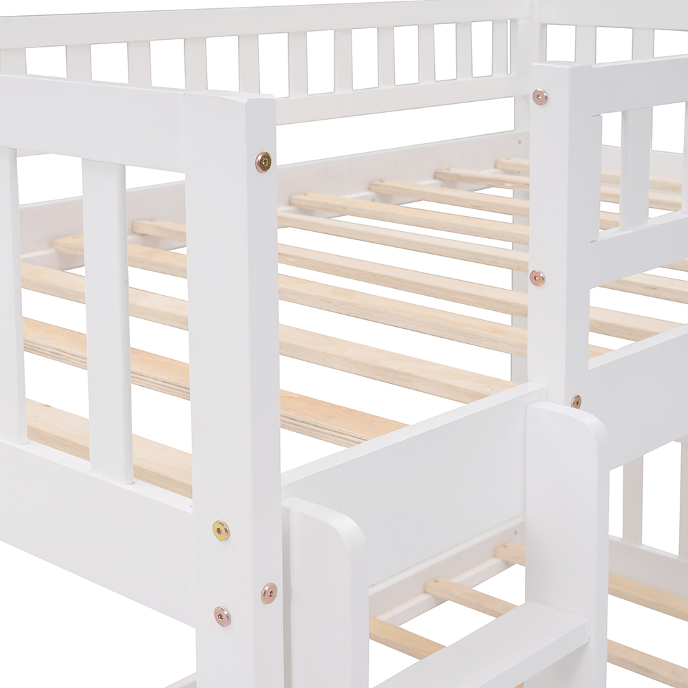 Twin-Over-Twin Size Wooden Bunk Bed Frame with Ladder, Storage Stairs, and Slide Suitable for Families with Multiple Children - White