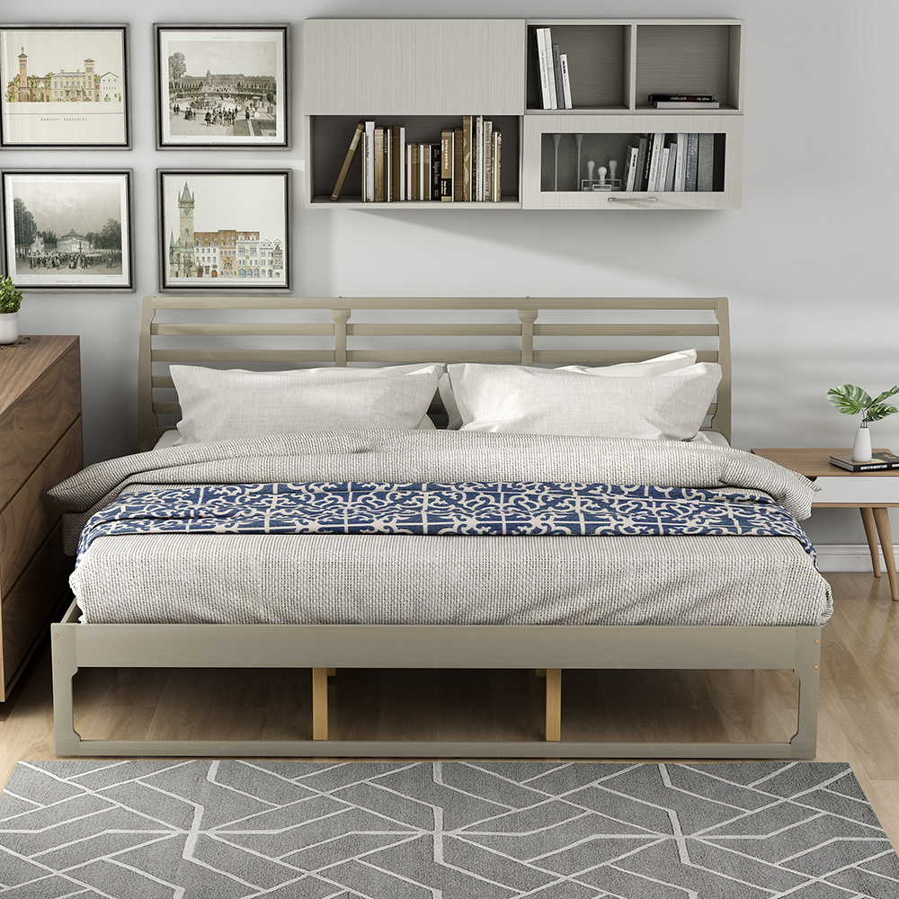 King Size Wooden Bed Frame Simple Modern Design with Headboard - Gray