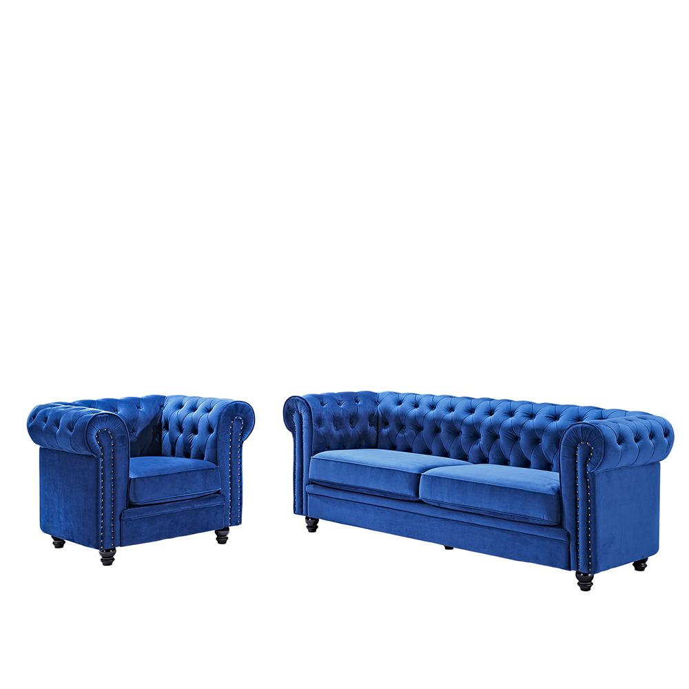 2-seats Velvet Sofa Solid Wood Oak Legs for Living Room, Bedroom, Office, Hotel, Bar, Restaurant - Blue