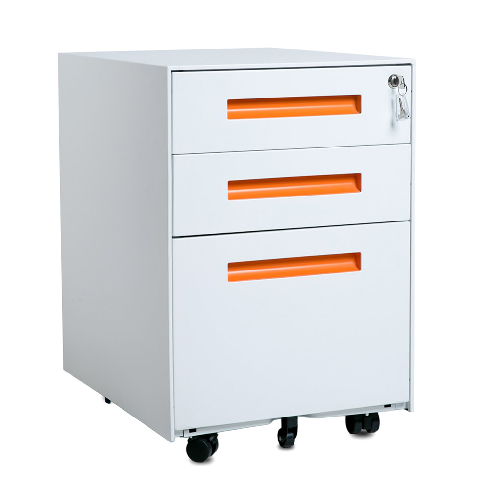 Home Office Steel Removable File Cabinet with 3 Drawers and Casters - White + Orange