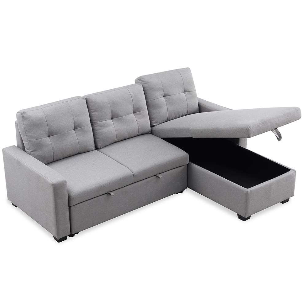 82" L-shaped Corner Multifunctional Pull-out Sofa Bed Lying and Sitting 2-in-1 with Storage Space and Armrests, 3 Seats - Gray