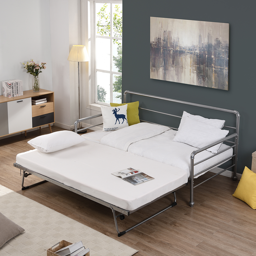 Twin Size Steel Sofa Bed Frame with Adjustable Trundle Bed - Silver