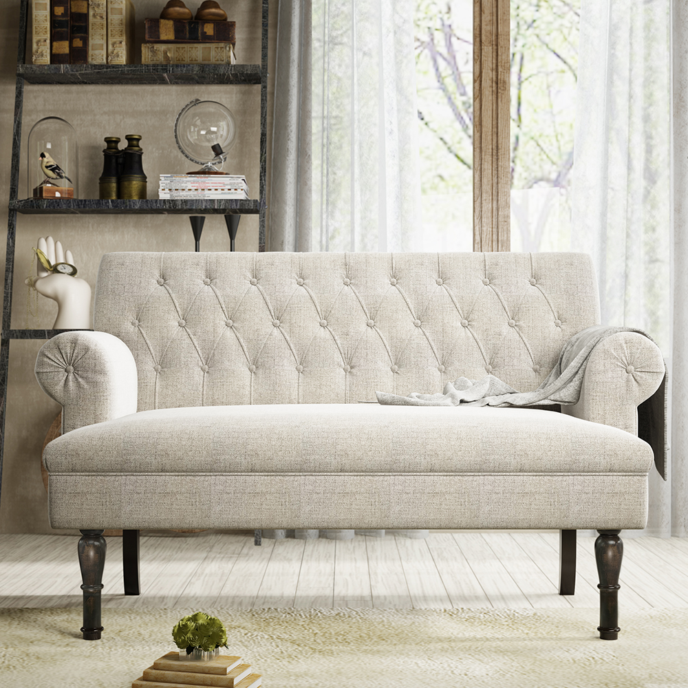 58" Linen Upholstered Sofa Chesterfield Design with Roll Arm and High Walnut Legs Suitable for Two People - Off White