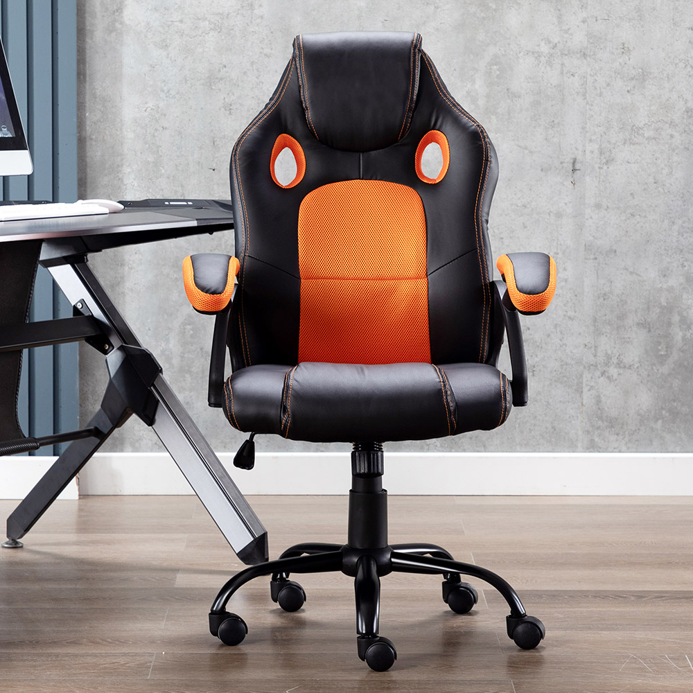 Home Office PU Leather Rotatable Gaming Chair Height Adjustable with Ergonomic Backrest and Casters - Black+Orange
