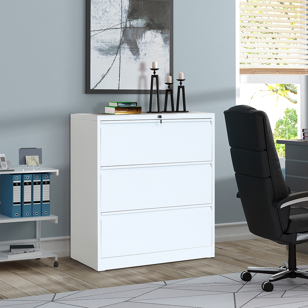 Home Office Steel Lateral File Cabinet with 3 Drawers and Lock - White