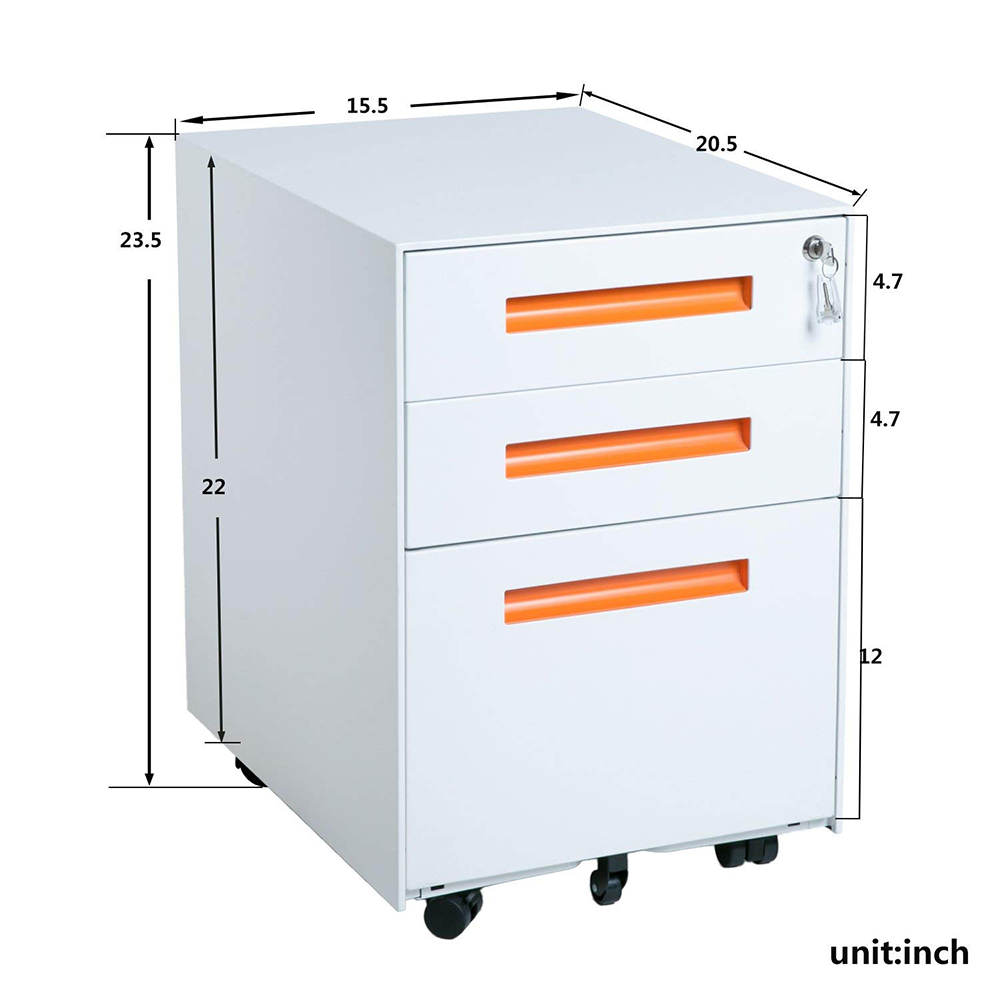 Home Office Steel Removable File Cabinet with 3 Drawers and Casters - White + Orange