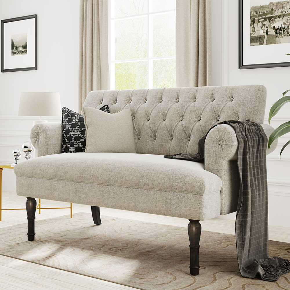 58" Linen Upholstered Sofa Chesterfield Design with Roll Arm and High Walnut Legs Suitable for Two People - Off White
