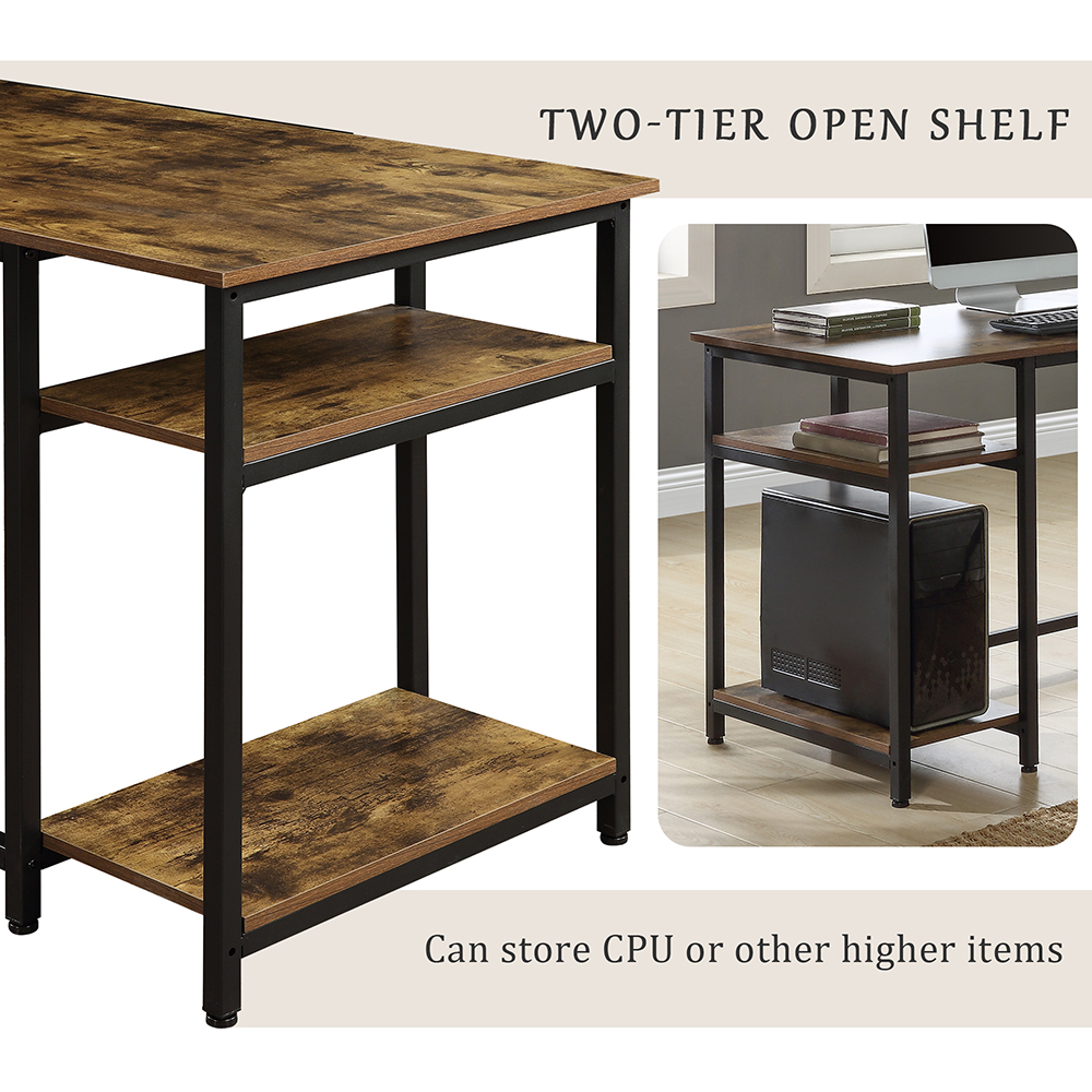 Home Office L-shaped Computer Desk with Five-layer Shelf & CPU Bracket - Brown