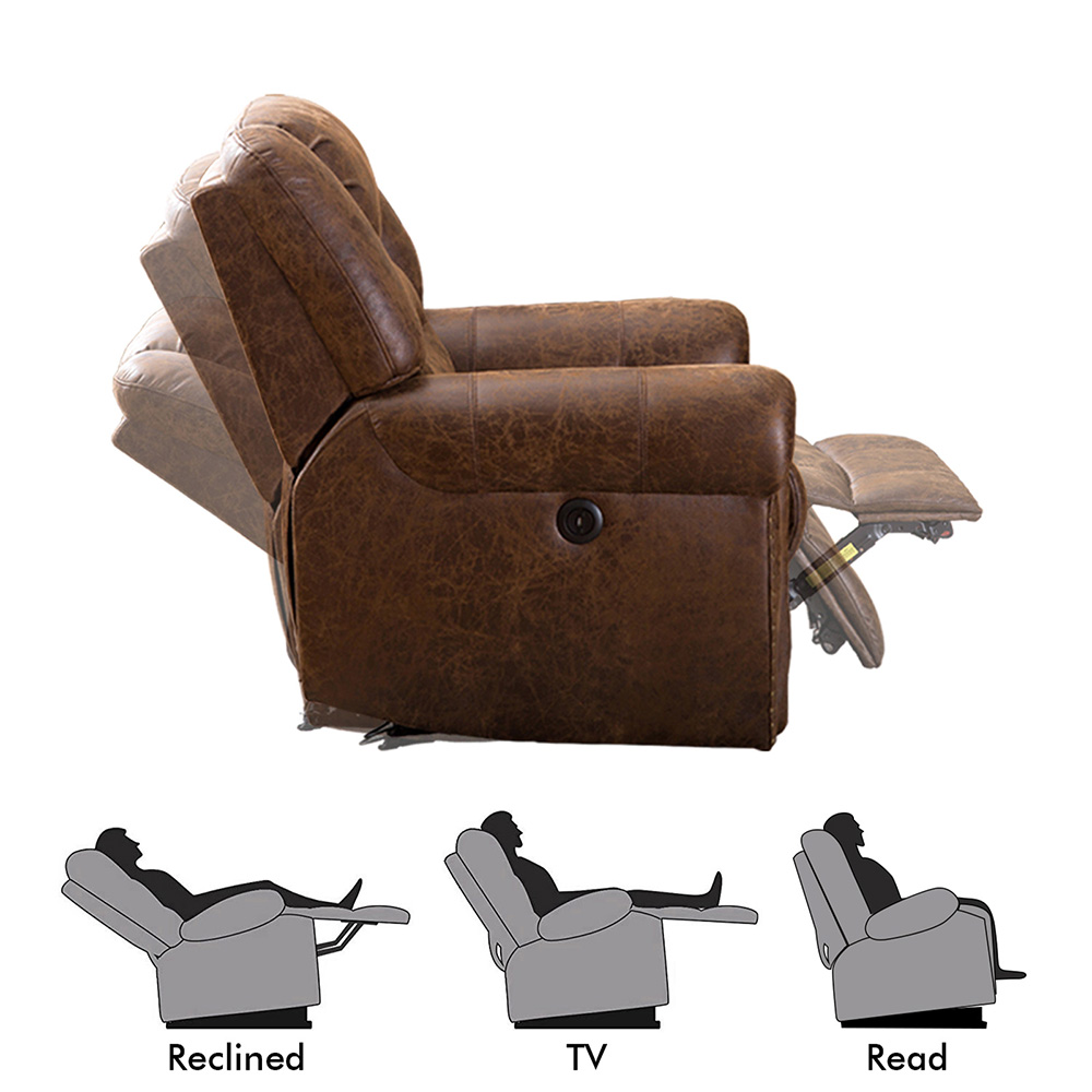 1-seat PU Leather Electric Recliner with Backrest and Armrests, and USB Port for Living Room, Bedroom, Office, Hotel, Bar - Nut Brown