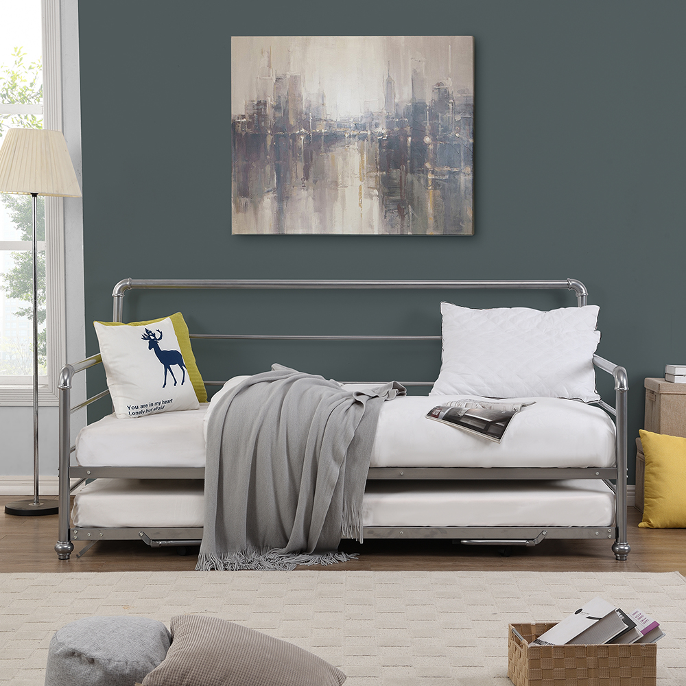 Twin Size Steel Sofa Bed Frame with Adjustable Trundle Bed - Silver