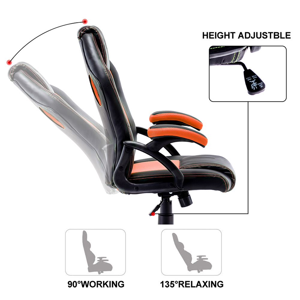 Home Office PU Leather Rotatable Gaming Chair Height Adjustable with Ergonomic Backrest and Casters - Black+Orange