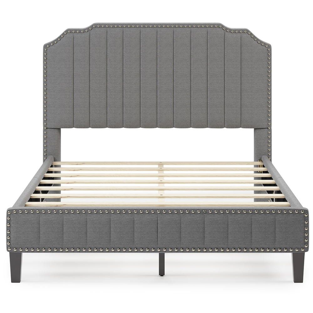 Full Size Solid Wooden Upholstered Bed Frame with Linen Headboard and Nailhead Trim - Gray