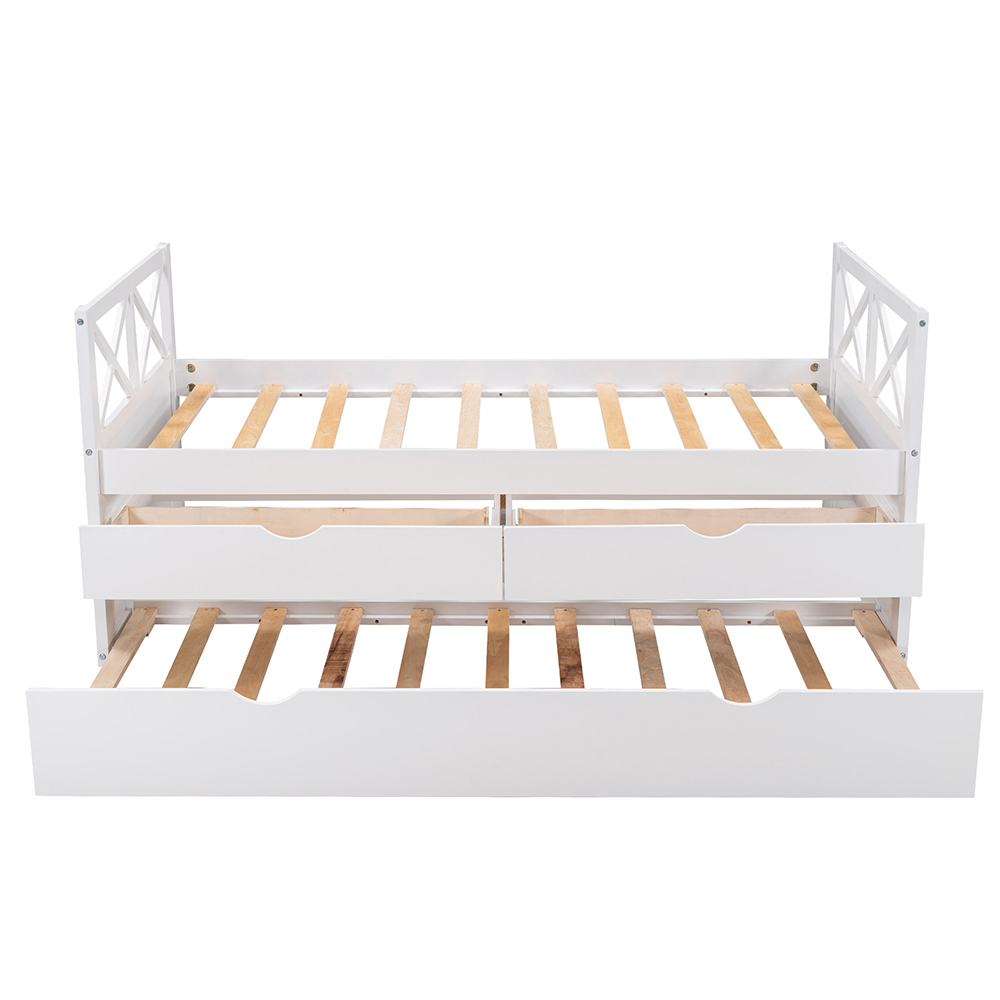 Twin Size Wooden Bed Frame with Storage Drawers and Trundle Bed Suitable for Family with Multiple Children - White