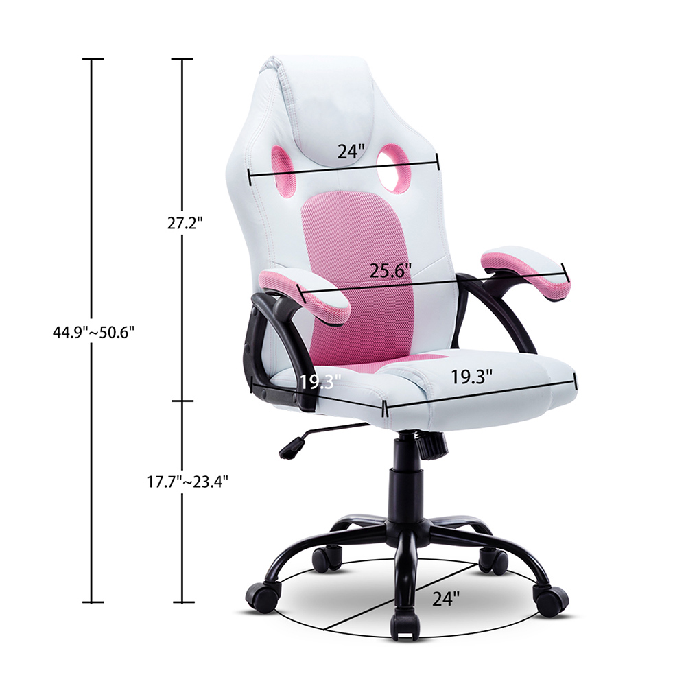 Art Life Home Office PU Leather Rotatable Gaming Chair Height Adjustable with Ergonomic Backrest and Casters - Pink + White