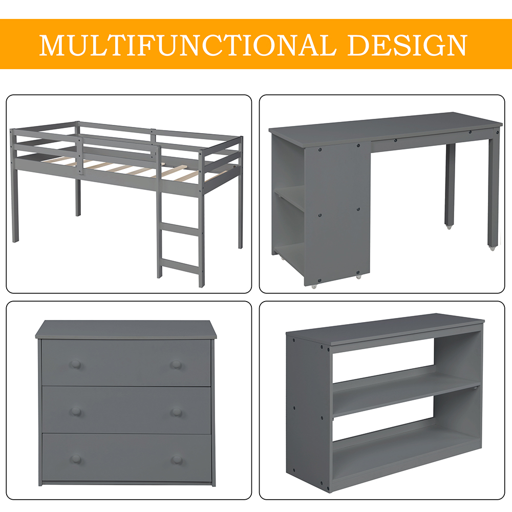 Twin Size Wooden Elevated Bed Frame with Storage Cabinet, Bookshelf, Portable Desk for Small Rooms - Gray
