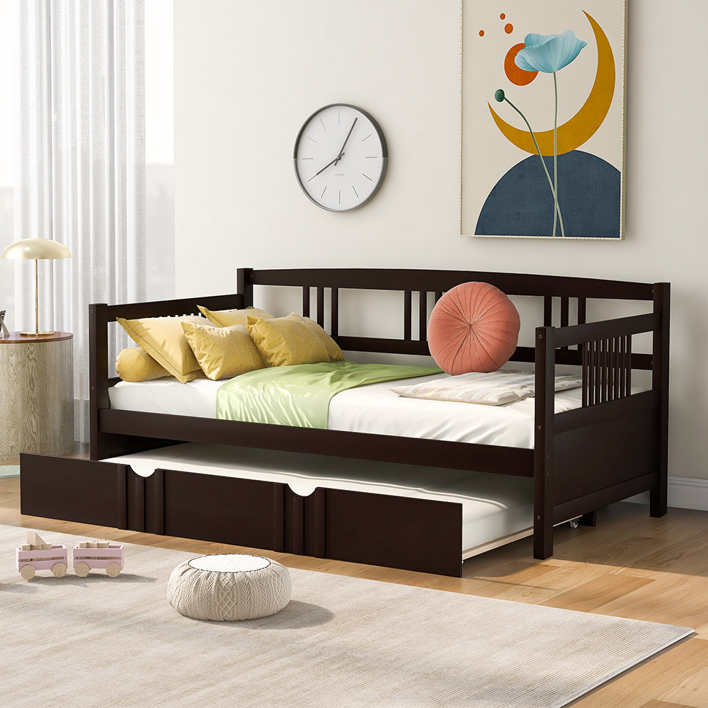 Twin Size Multifunctional Pine Sofa Bed with Hidden Casters Bed - Espresso