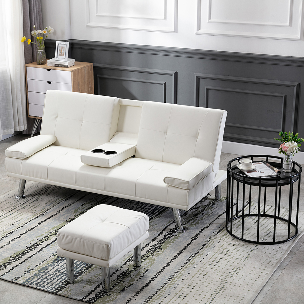 Folding Air Leather Sofa Bed with 2 Cup Holders and 1 Footrest for Apartments, Studios - White