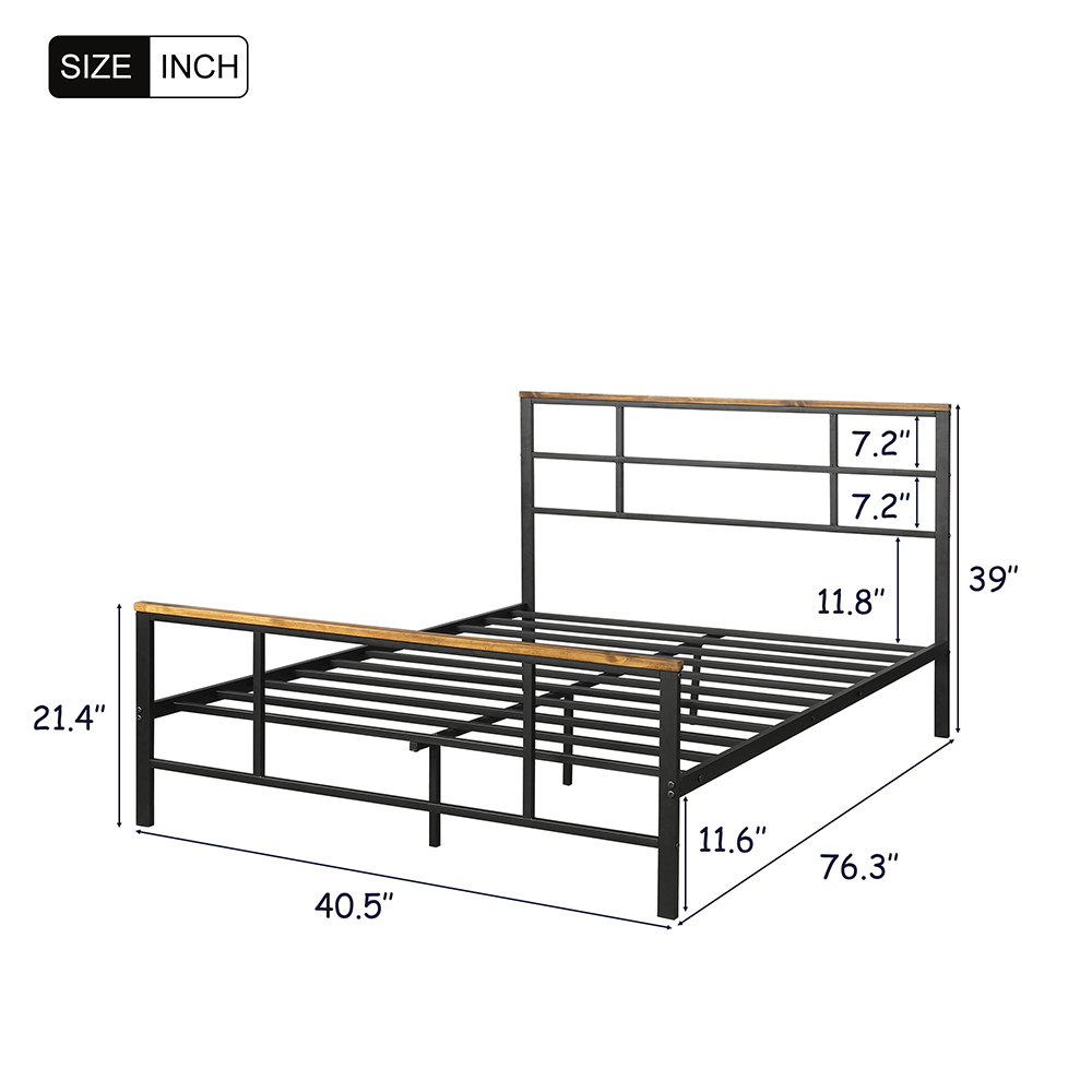 Twin Size Metal Bed Frame with Pine Wood Headboard and Footboard - Black