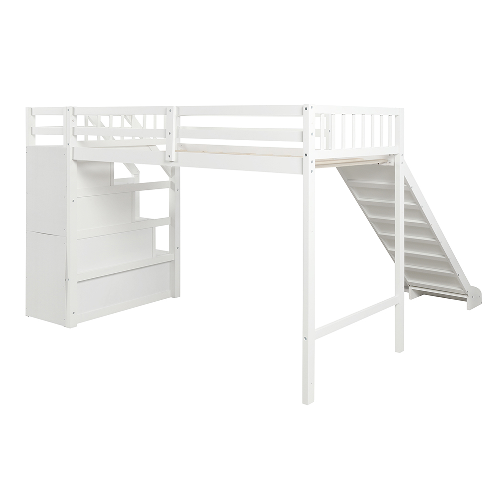 Twin Size Wooden Loft Bed Frame with Shelf and Slide Suitable for Children - White